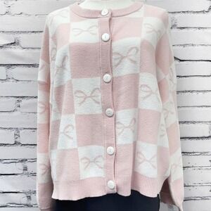 Sincerely Jules Pink White Checkered Bow Cardigan Sweater Womens Large